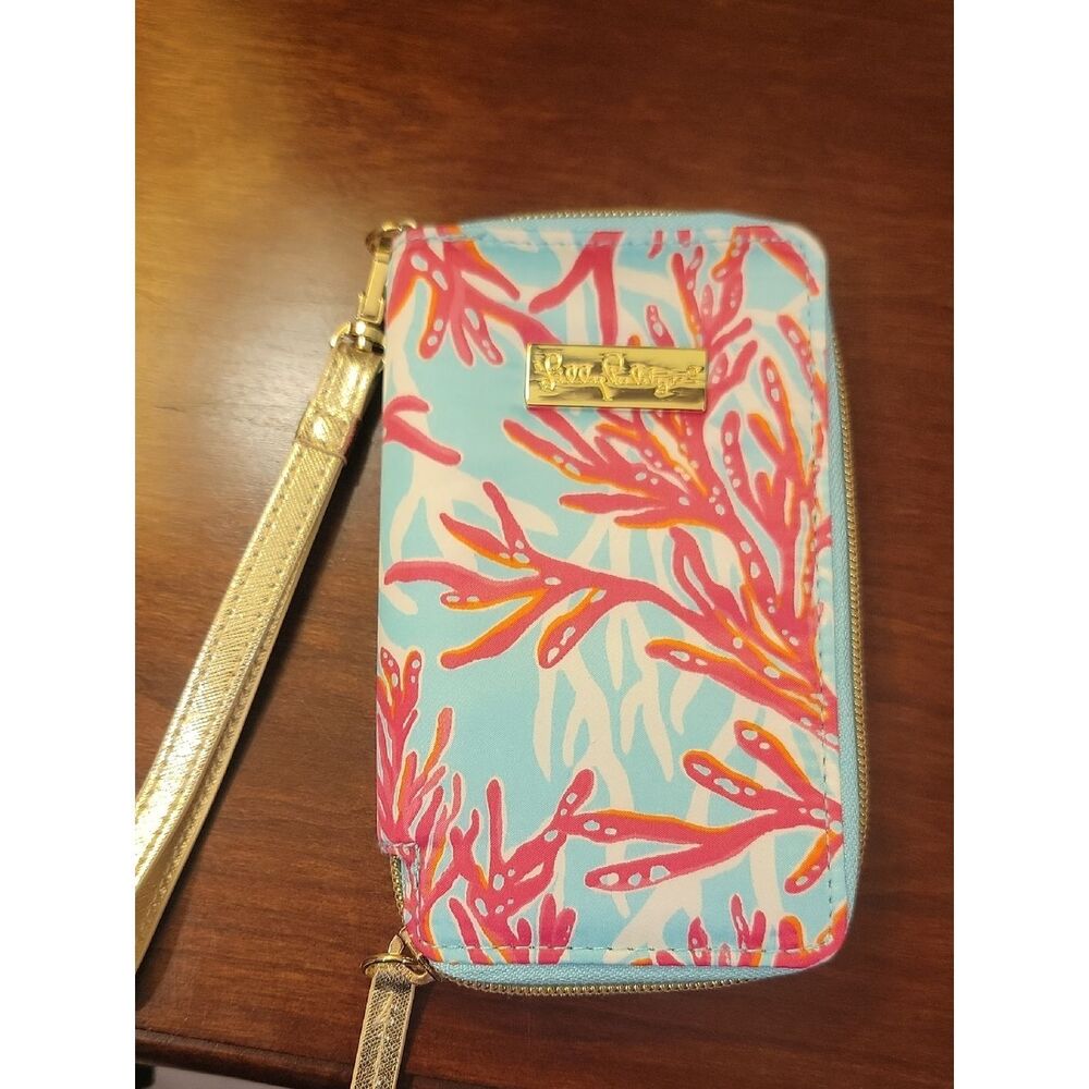 Lilly Pulitzer Coral Print Wristlet in Light Blue, Pink, Gold